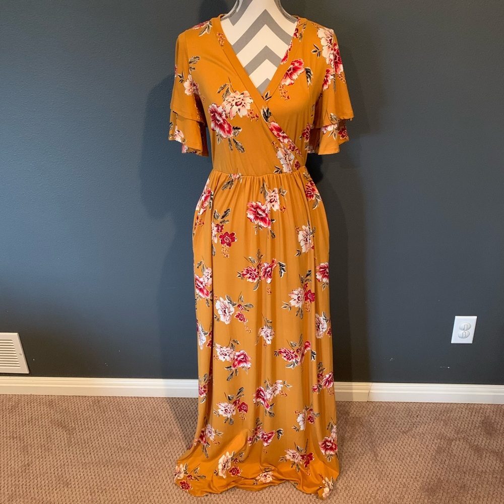 Mustard Floral Dress With Pockets